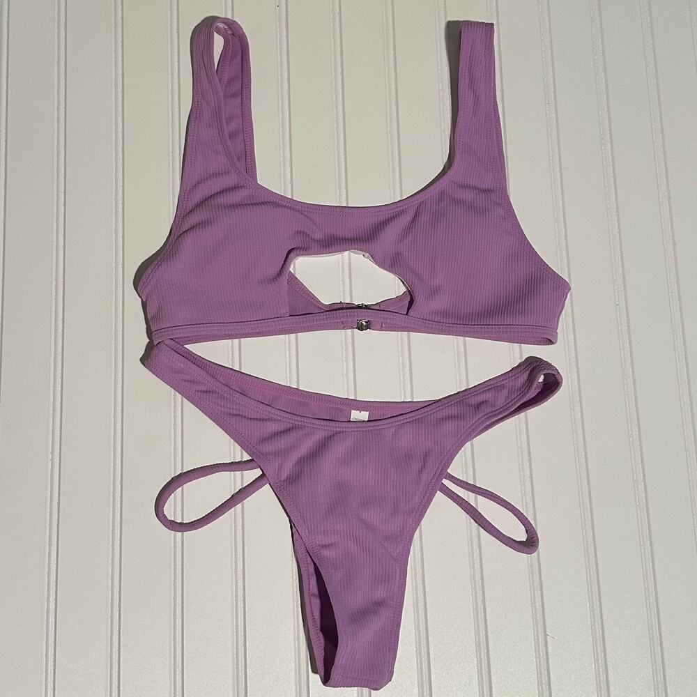 Women Purple Ribbed Bikini Set Cutout Scoop Neck Strappy 2 Piece XL NWT